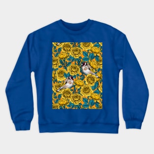 Yellow rose flowers and goldfinch birds Crewneck Sweatshirt